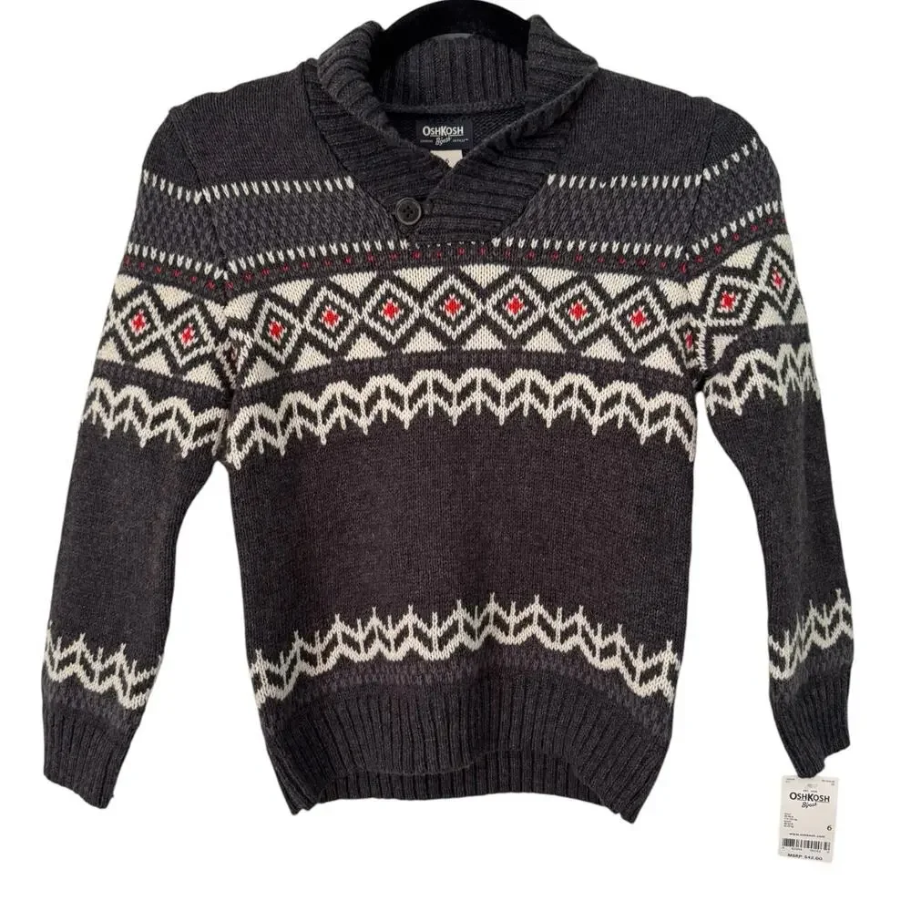 Oshkosh Fair Isle Chunky Knit Shawl Collar Sweater Youth Size 6 Gray